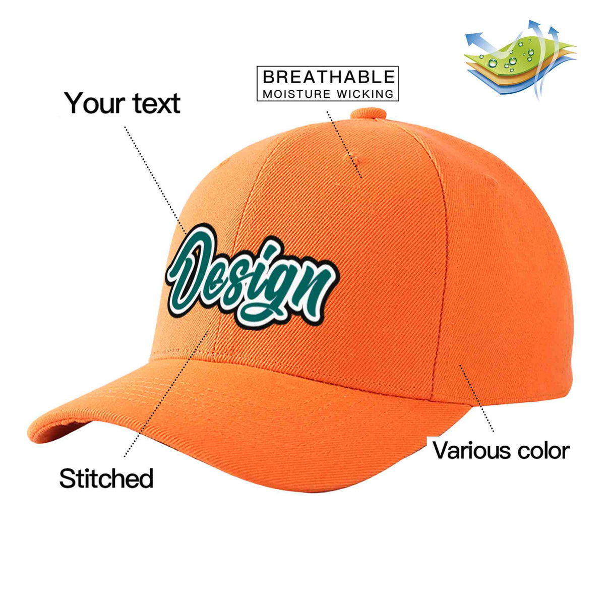 Custom Orange Aqua-White Curved Eaves Sport Design Baseball Cap