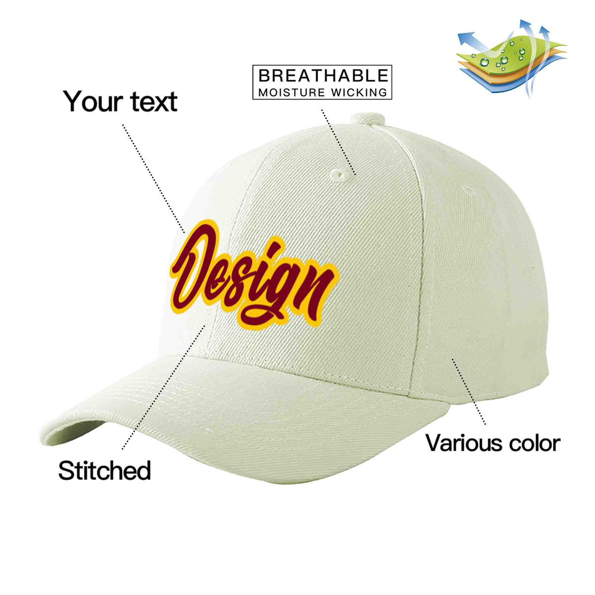 Custom Cream Crimson-Gold Curved Eaves Sport Design Baseball Cap