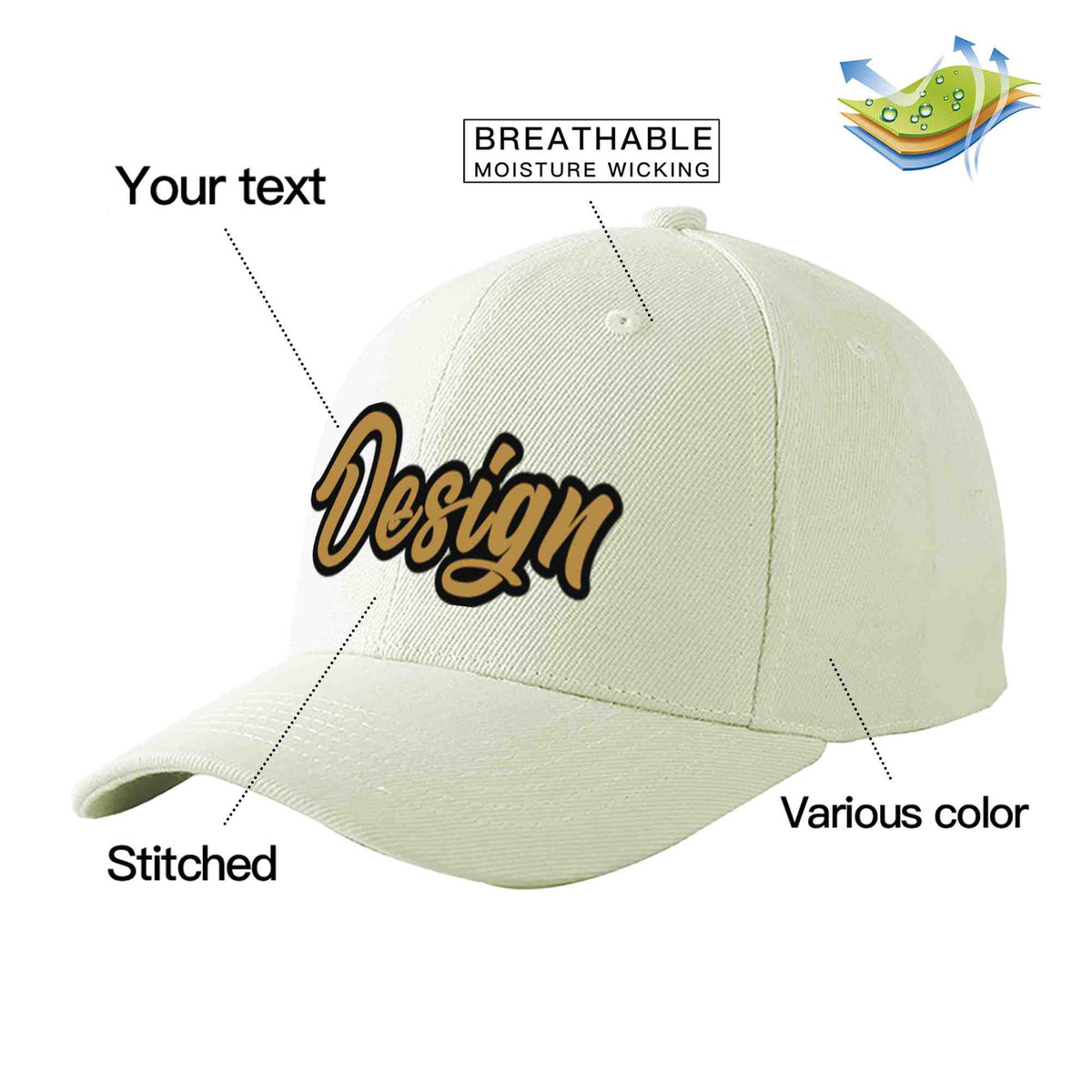 Custom Cream Old Gold-Black Curved Eaves Sport Design Baseball Cap