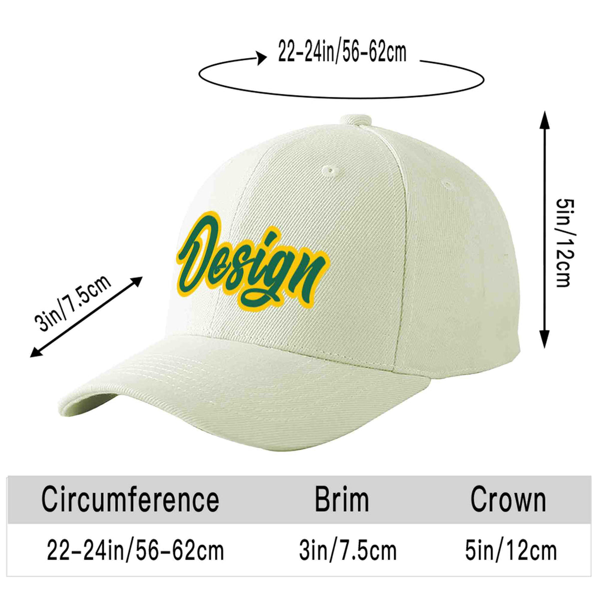 Custom Cream Kelly Green-Gold Curved Eaves Sport Design Baseball Cap