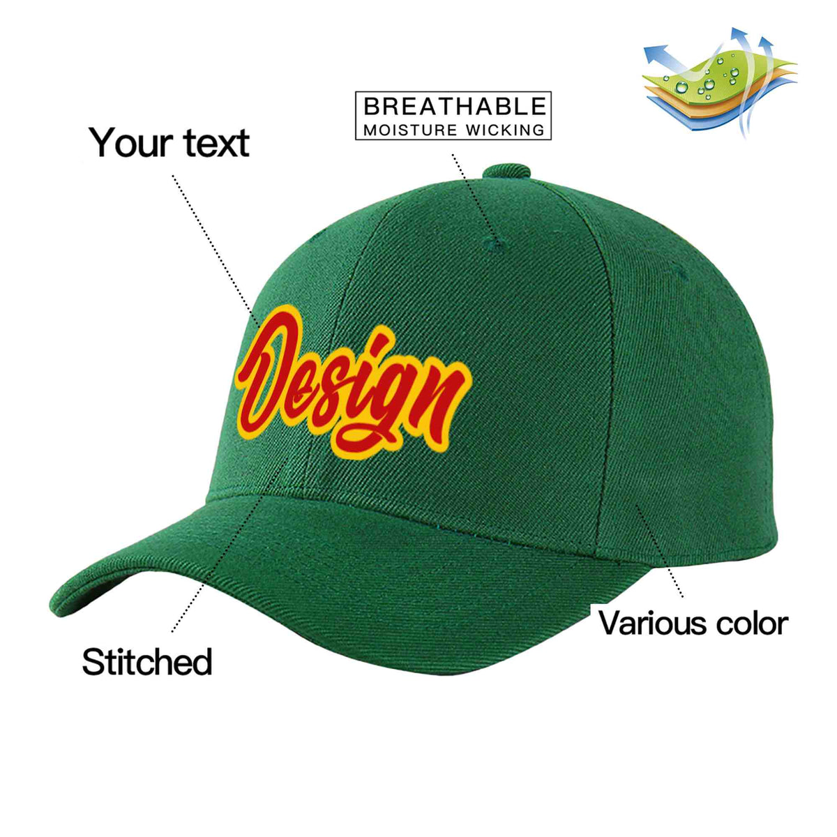 Custom Green Red-Yellow Curved Eaves Sport Design Baseball Cap