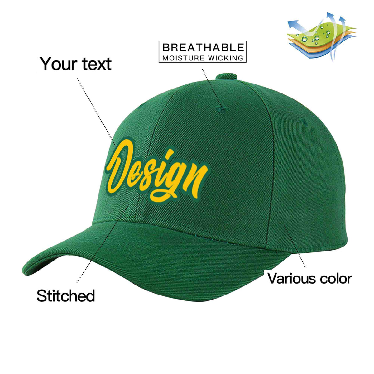 Custom Green Gold-Kelly Green Curved Eaves Sport Design Baseball Cap