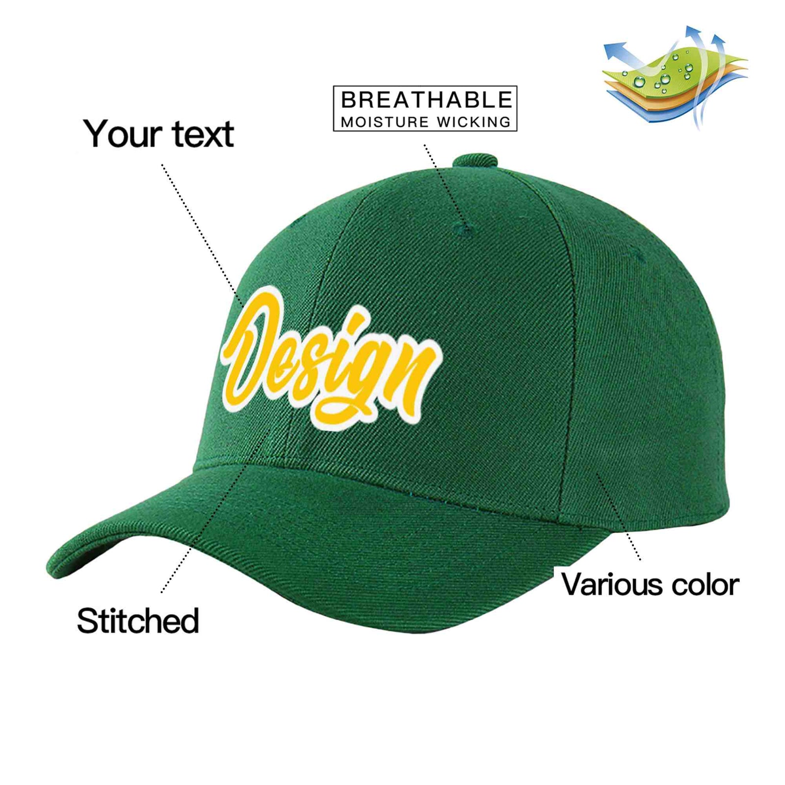 Custom Green Gold-White Curved Eaves Sport Design Baseball Cap