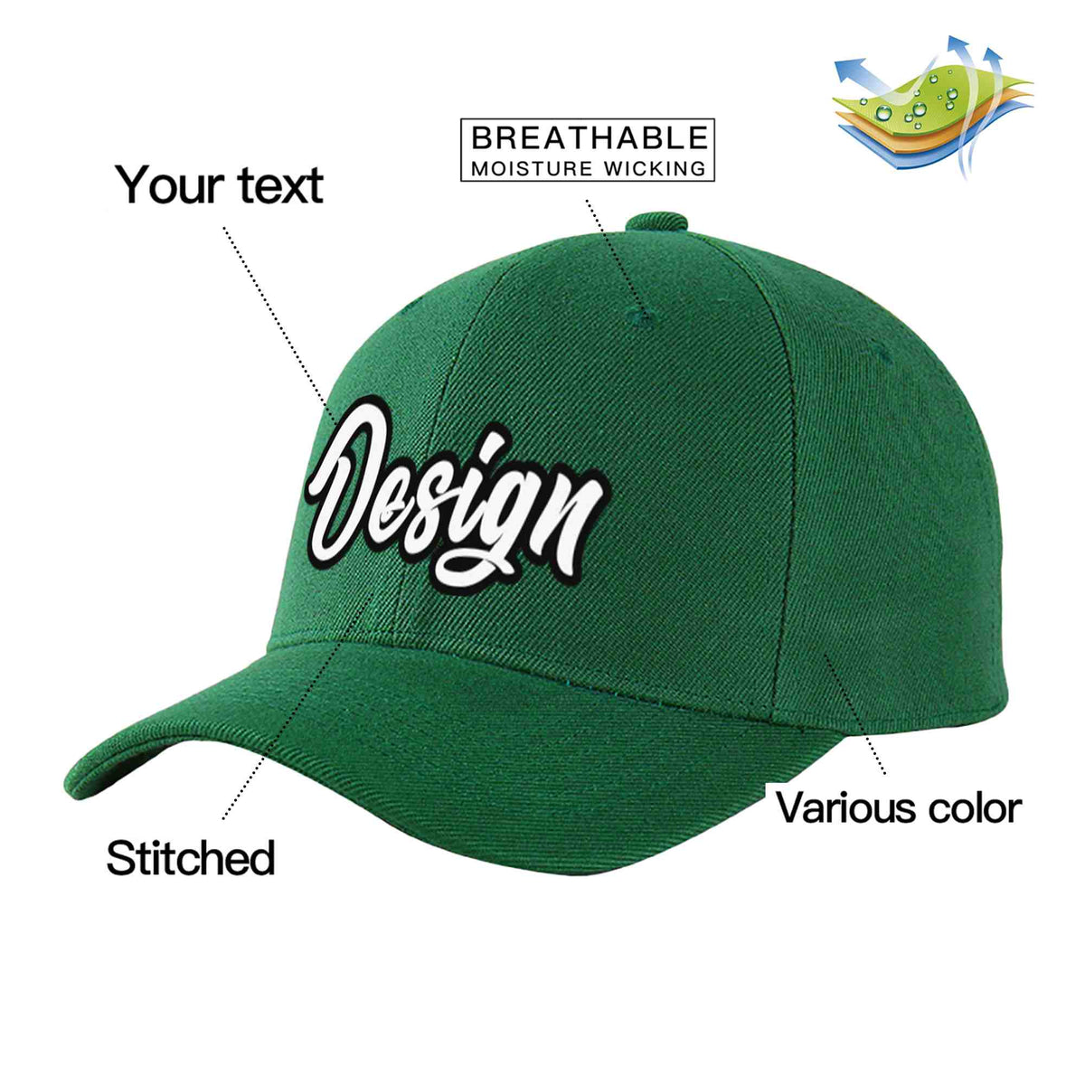 Custom Green White-Black Curved Eaves Sport Design Baseball Cap