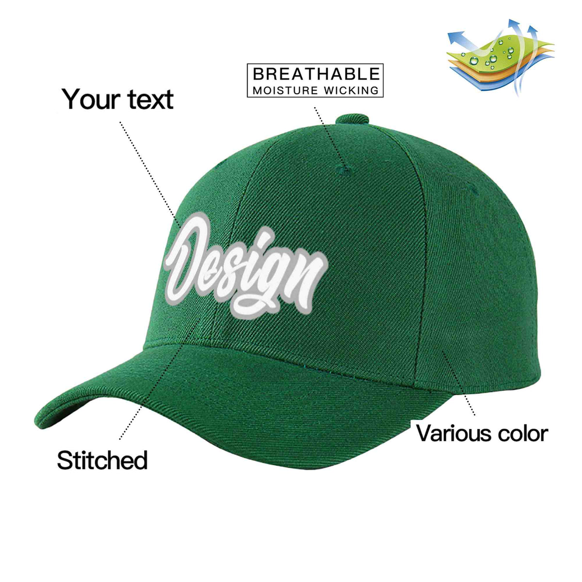 Custom Green White-Gray Curved Eaves Sport Design Baseball Cap