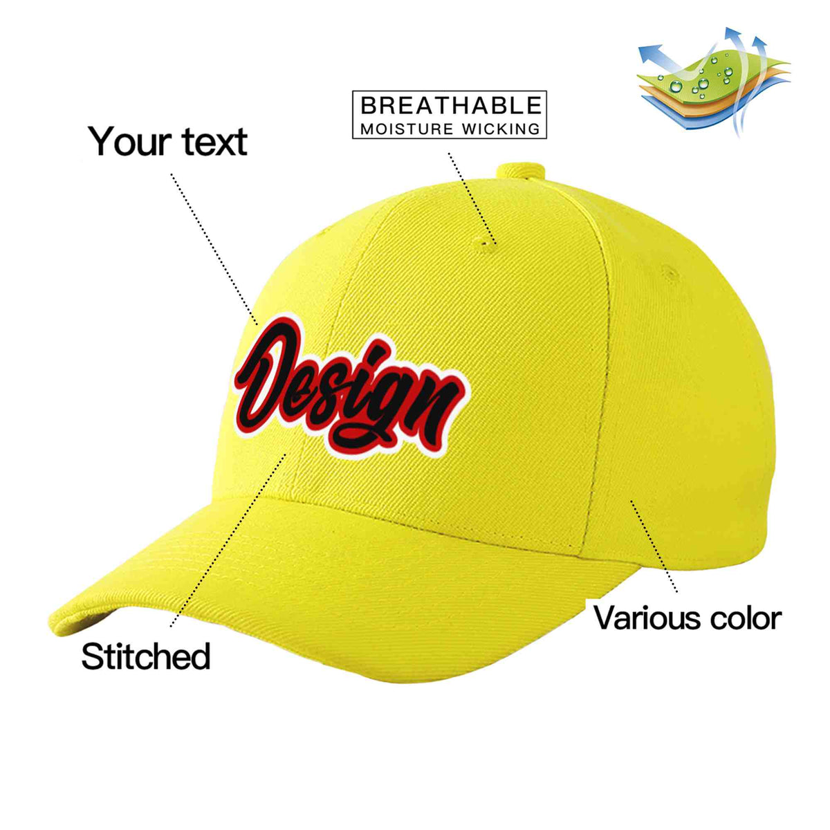 Custom Yellow Black-Red Curved Eaves Sport Design Baseball Cap