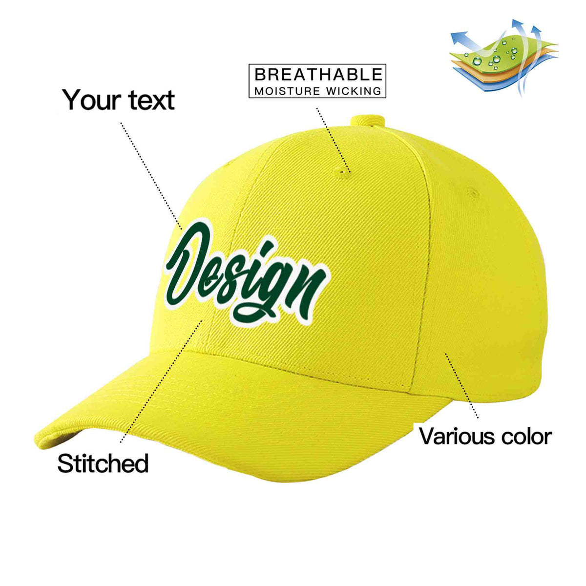 Custom Yellow Green-White Curved Eaves Sport Design Baseball Cap