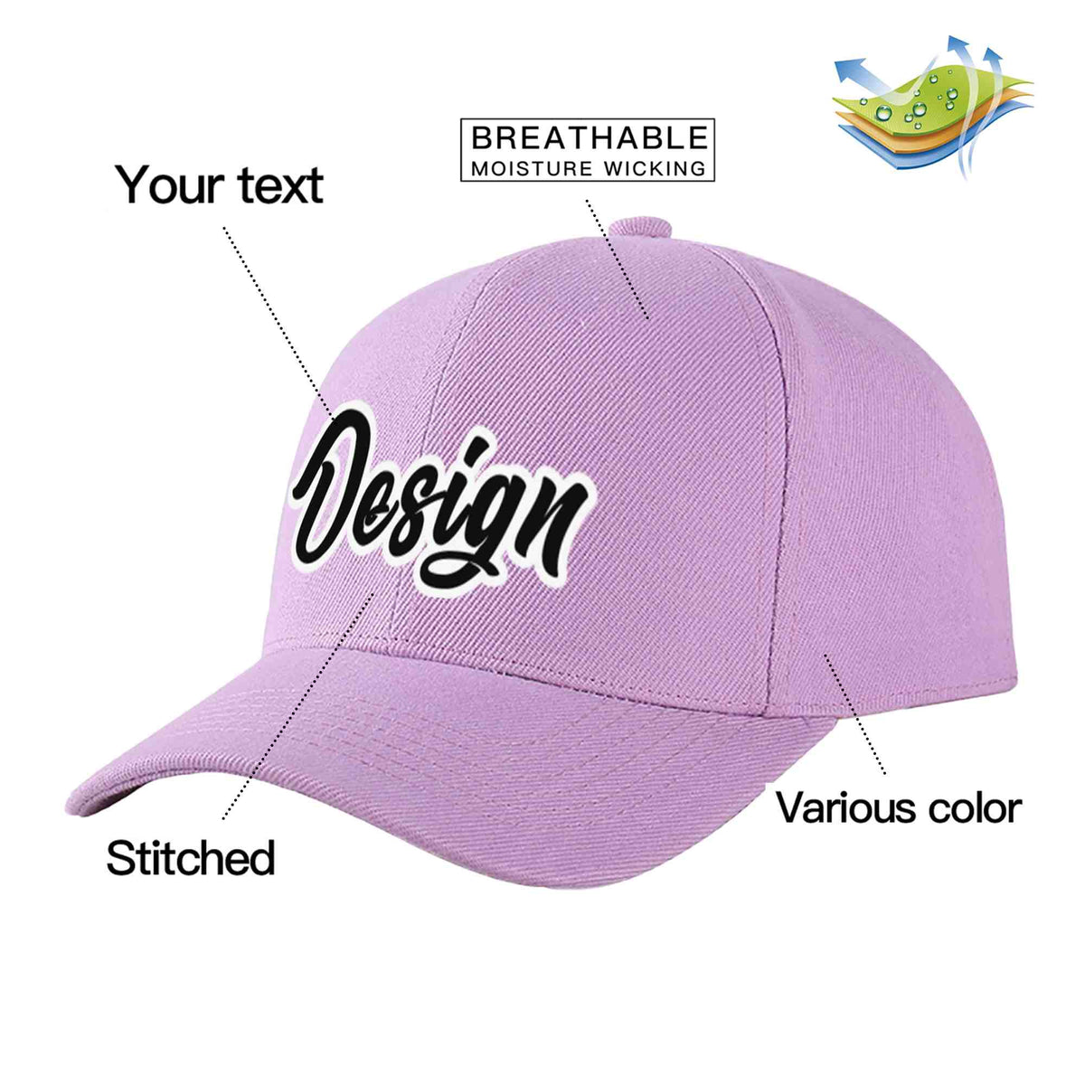 Custom Light Purple Black-White Curved Eaves Sport Design Baseball Cap