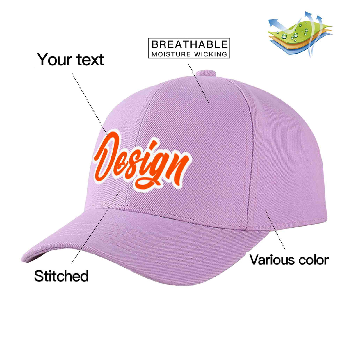 Custom Light Purple Orange-White Curved Eaves Sport Design Baseball Cap