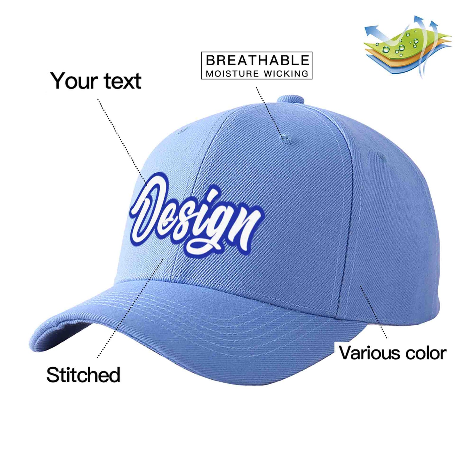 Custom Sky Blue White-Royal Curved Eaves Sport Design Baseball Cap