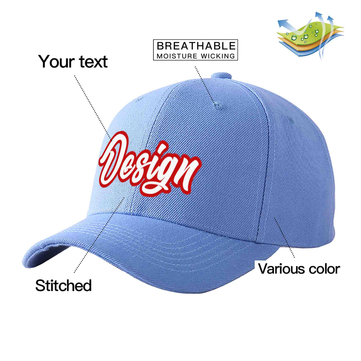 Custom Sky Blue White-Red Curved Eaves Sport Design Baseball Cap