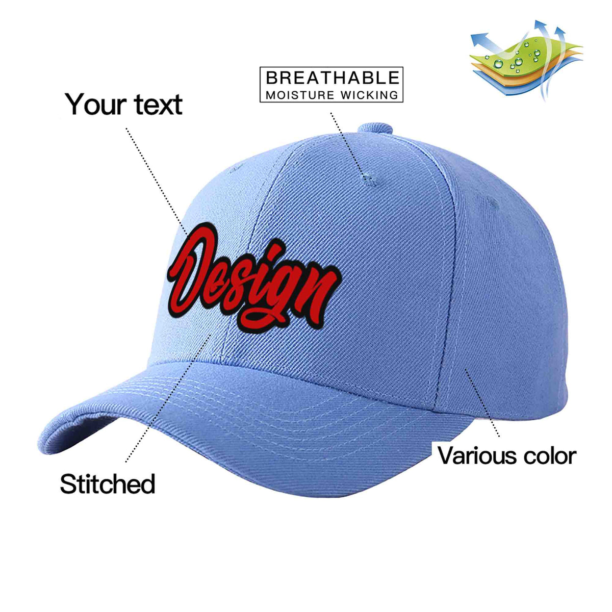 Custom Sky Blue Red-Black Curved Eaves Sport Design Baseball Cap