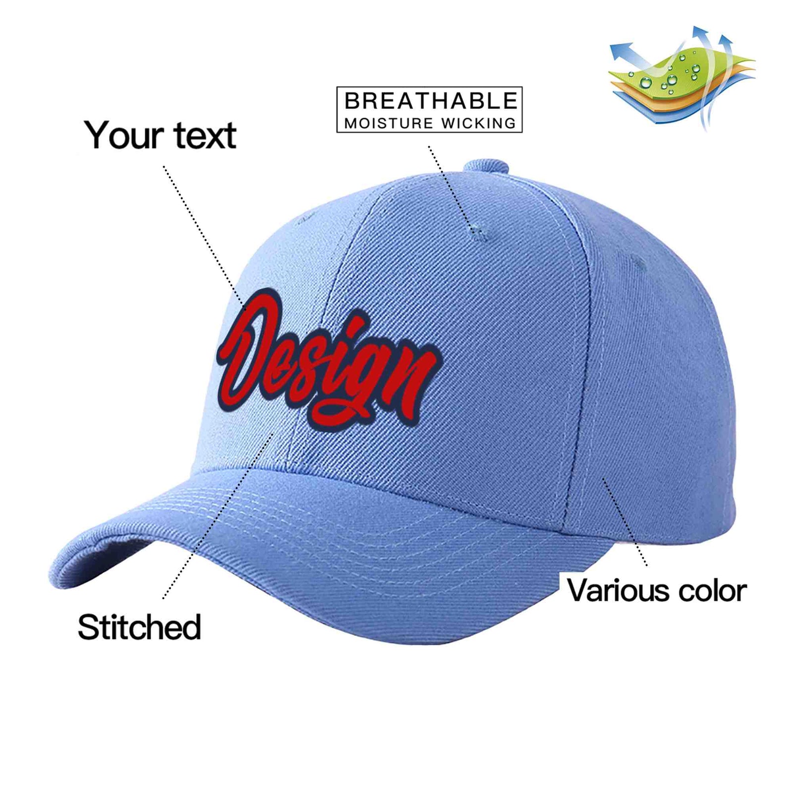 Custom Sky Blue Red-Navy Curved Eaves Sport Design Baseball Cap