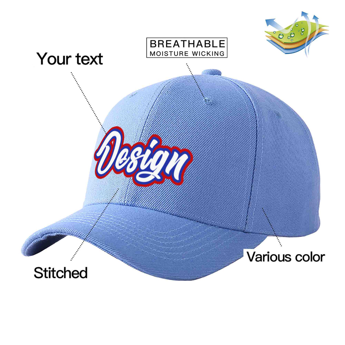 Custom Sky Blue White-Royal Curved Eaves Sport Design Baseball Cap