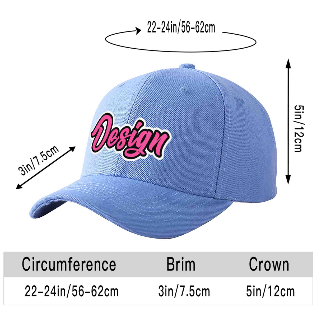 Custom Sky Blue Pink-Black Curved Eaves Sport Design Baseball Cap