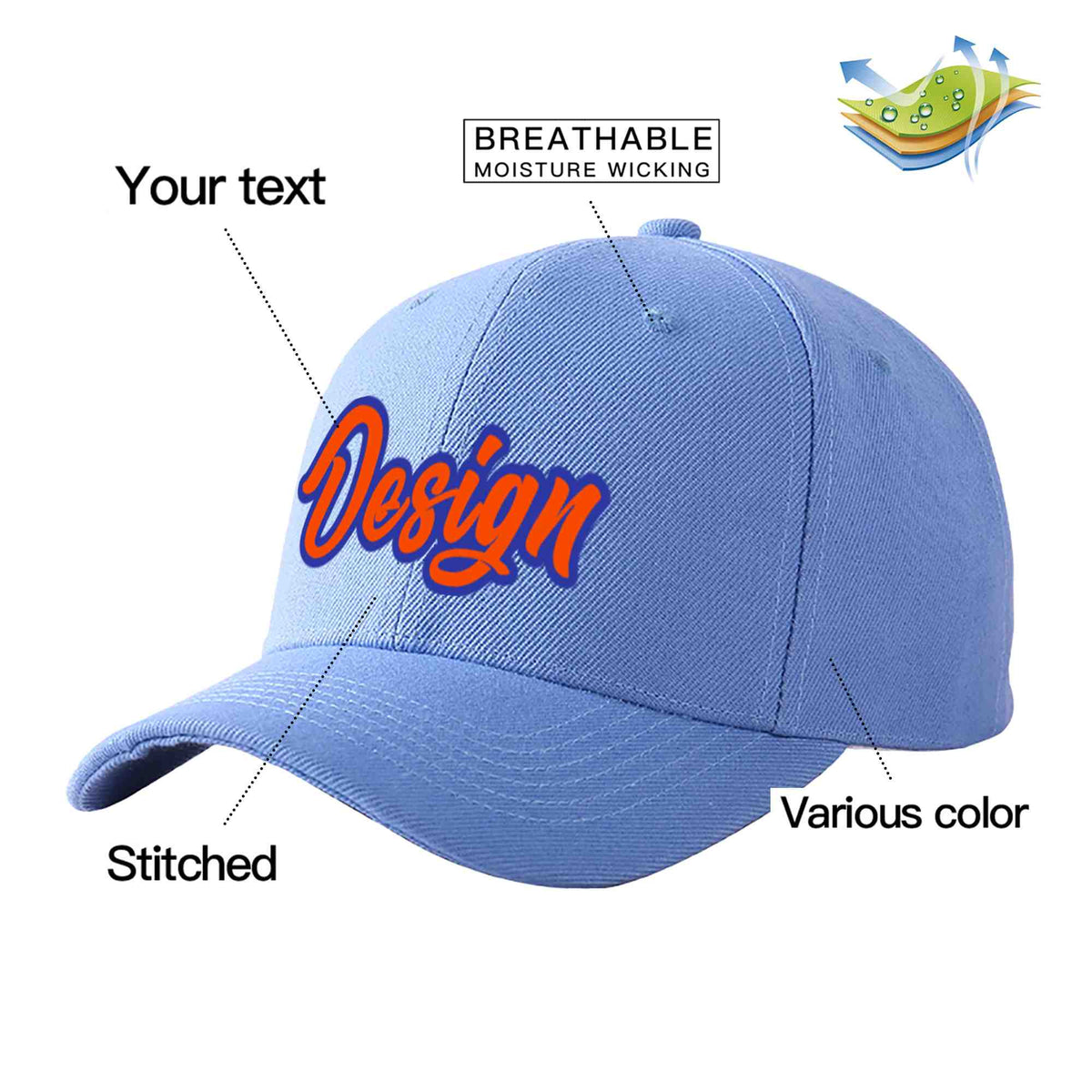Custom Sky Blue Orange-Royal Curved Eaves Sport Design Baseball Cap