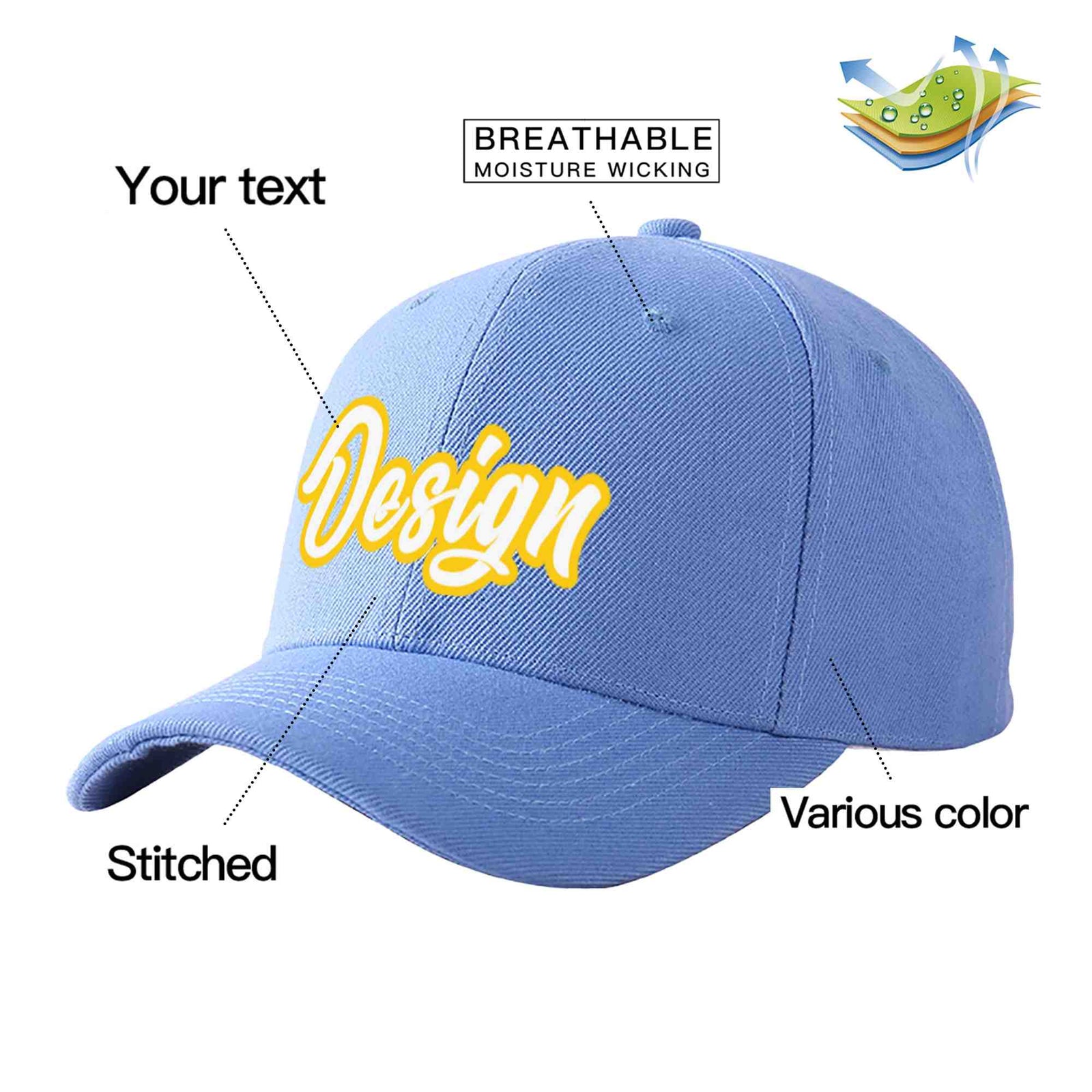 Custom Sky Blue White-Gold Curved Eaves Sport Design Baseball Cap