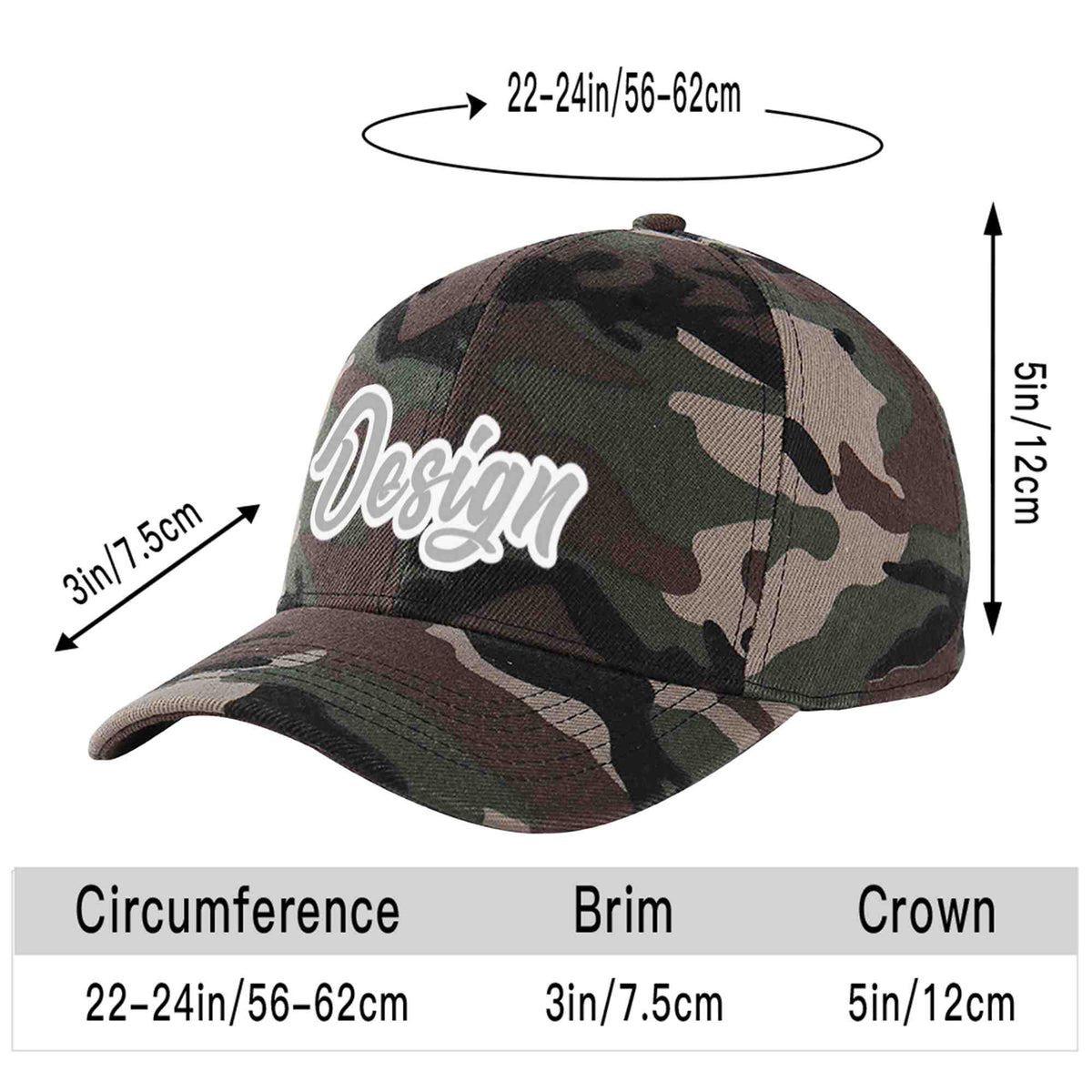 Custom Camo Gray-White Curved Eaves Sport Design Baseball Cap