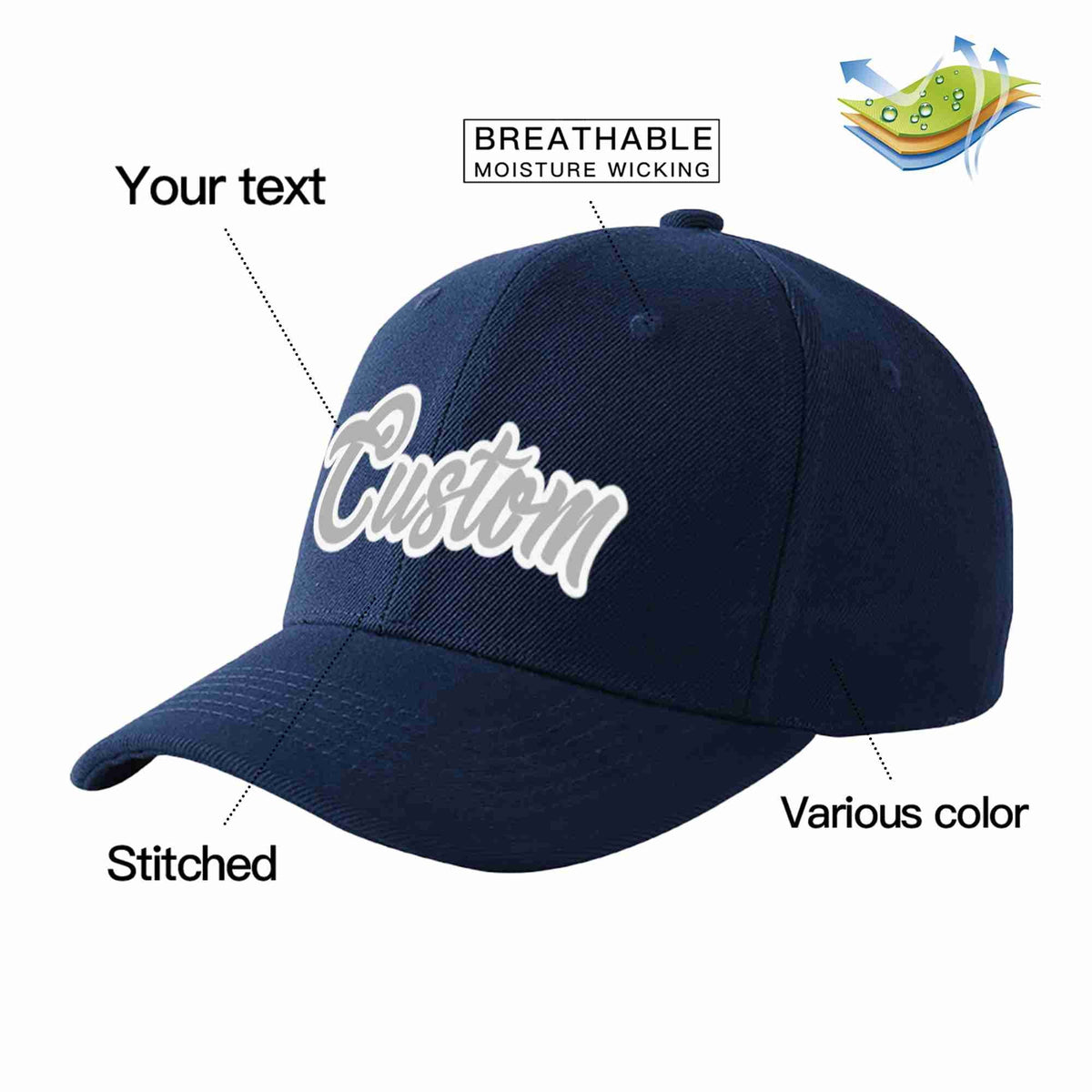 Custom Navy Gray-White Curved Eaves Sport Baseball Cap Design for Men/Women/Youth
