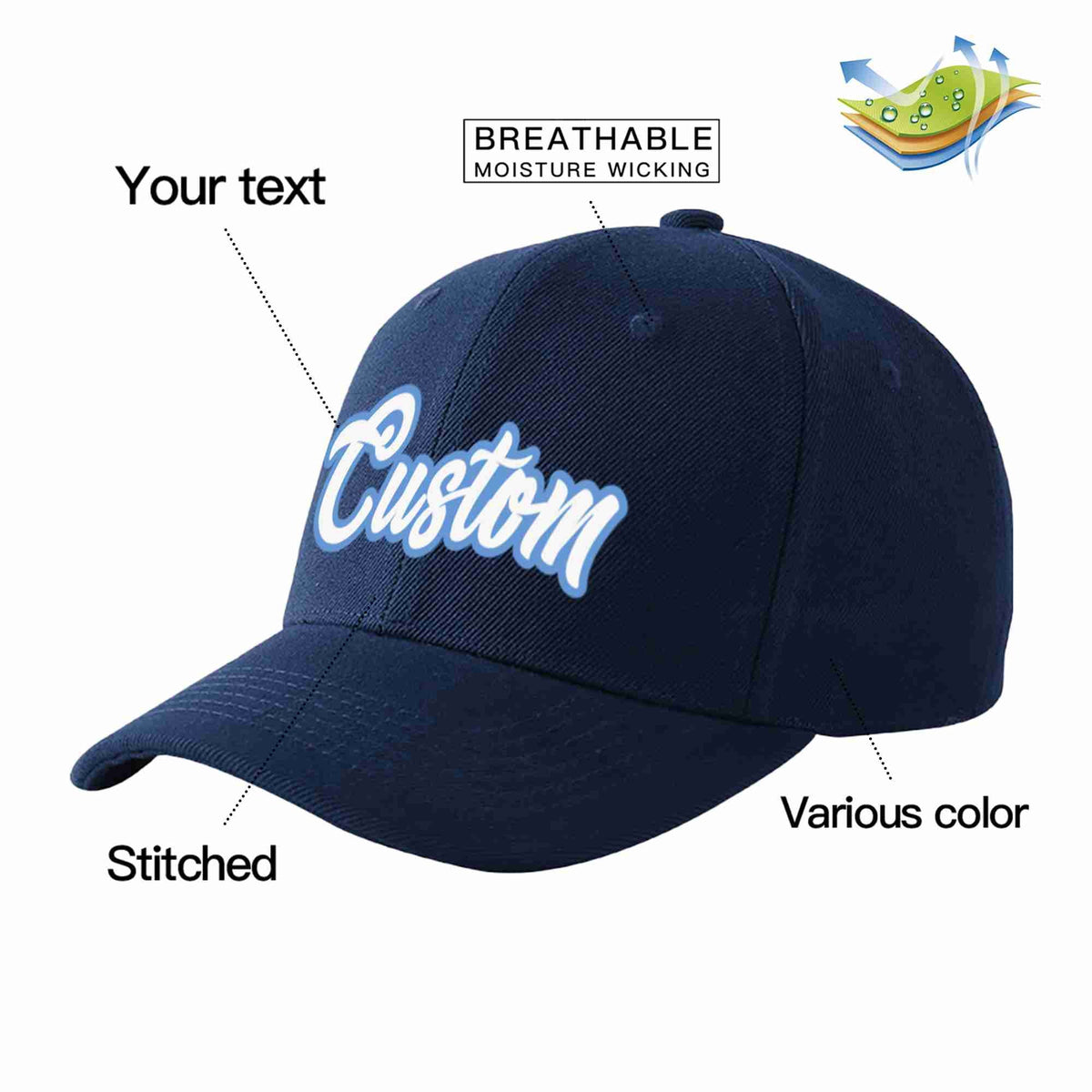 Custom Navy White-Light Blue Curved Eaves Sport Baseball Cap Design for Men/Women/Youth