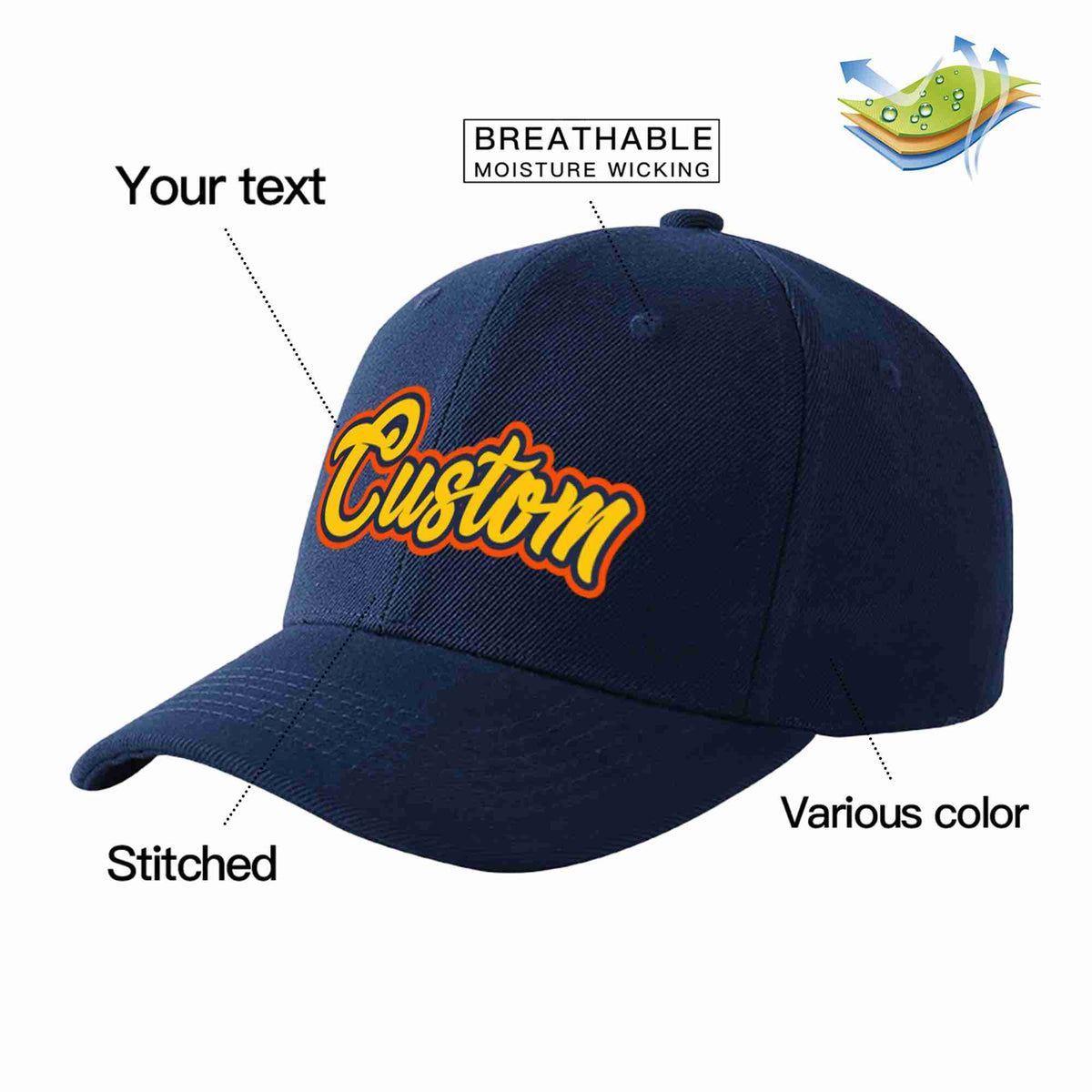 Custom Navy Gold-Navy Curved Eaves Sport Baseball Cap Design for Men/Women/Youth
