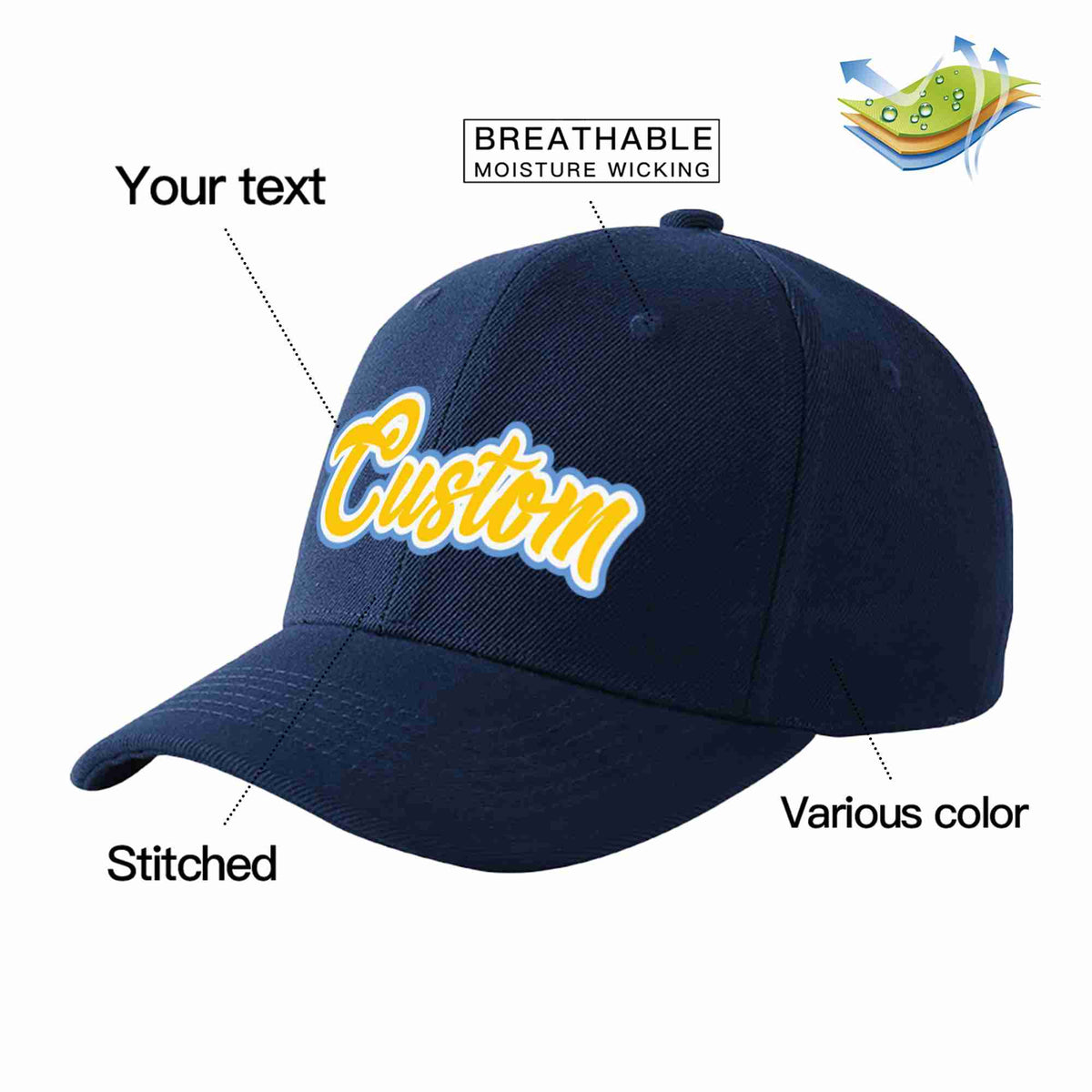 Custom Navy Gold-White Curved Eaves Sport Baseball Cap Design for Men/Women/Youth