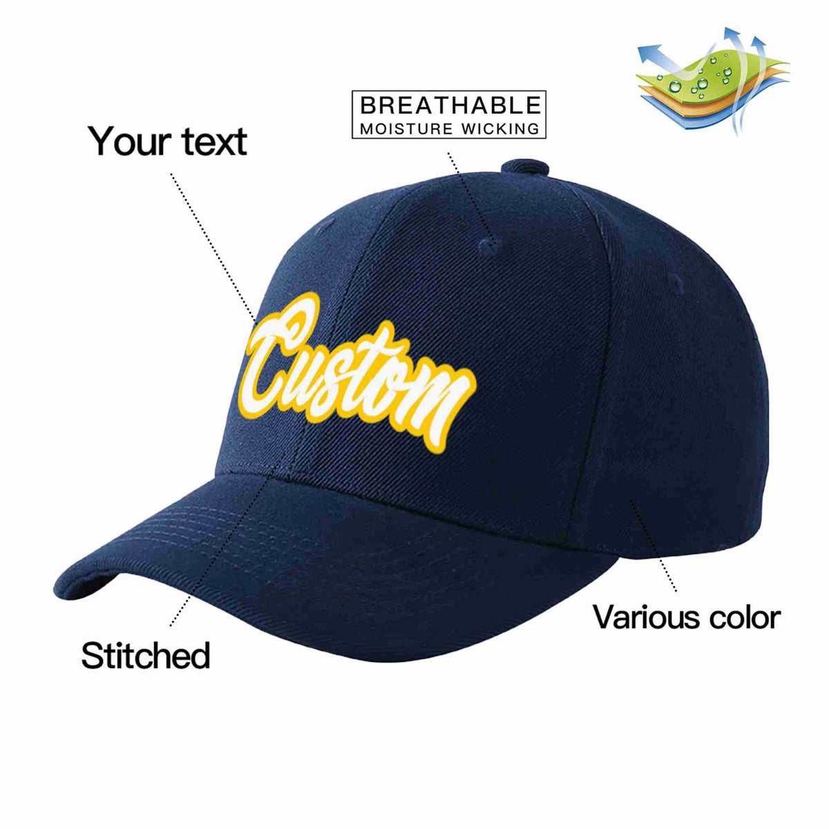 Custom Navy White-Gold Curved Eaves Sport Baseball Cap Design for Men/Women/Youth