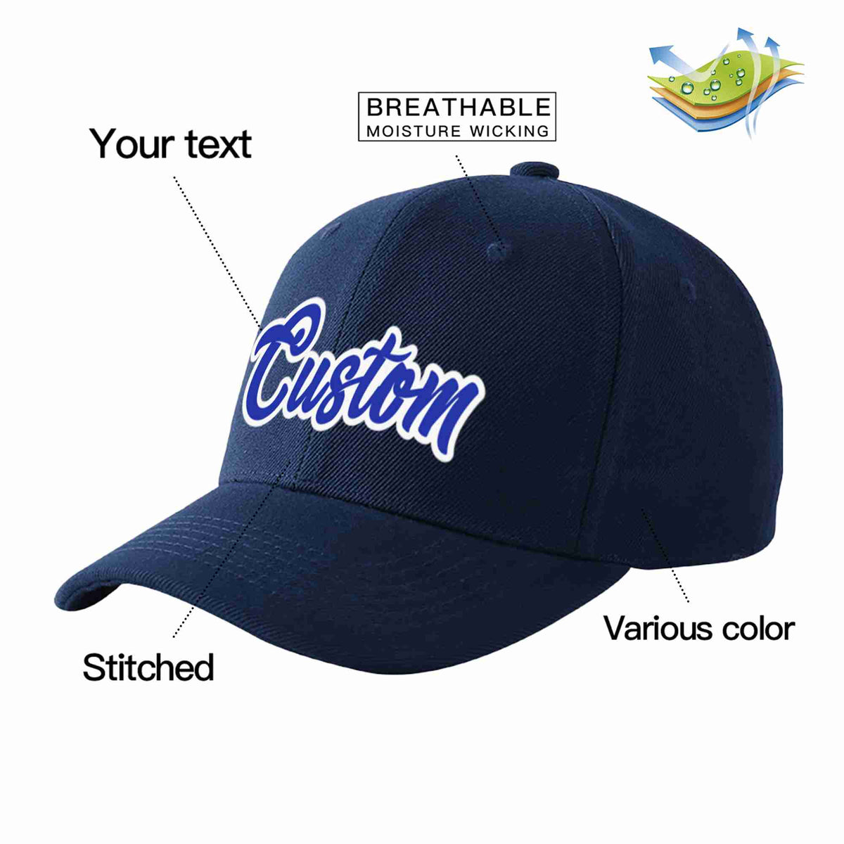 Custom Navy Royal-White Curved Eaves Sport Baseball Cap Design for Men/Women/Youth