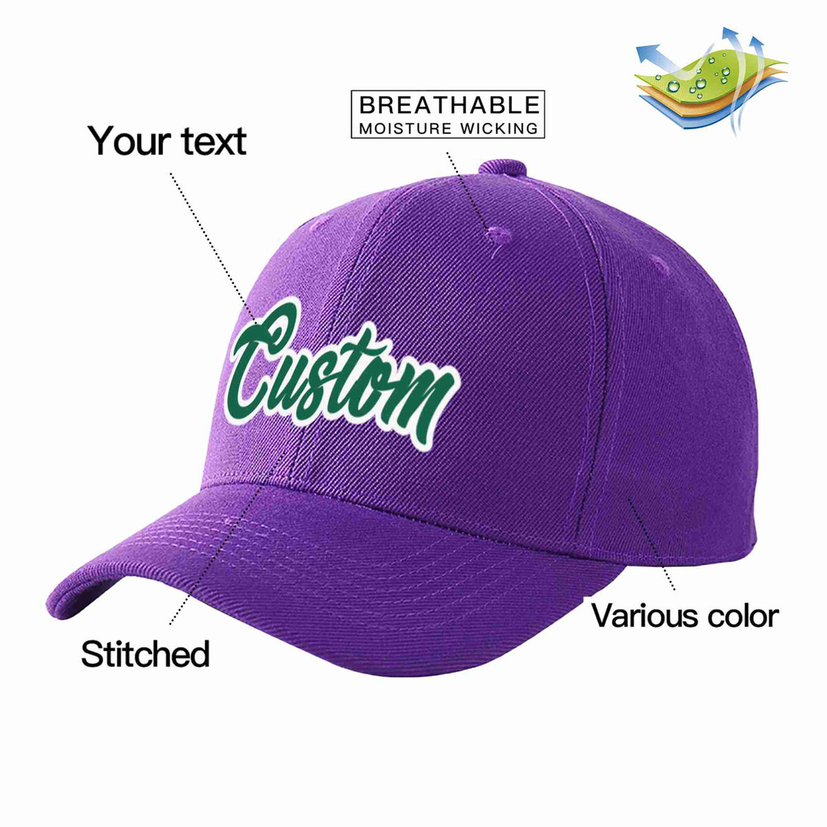 Custom Purple Kelly Green-White Curved Eaves Sport Baseball Cap Design for Men/Women/Youth