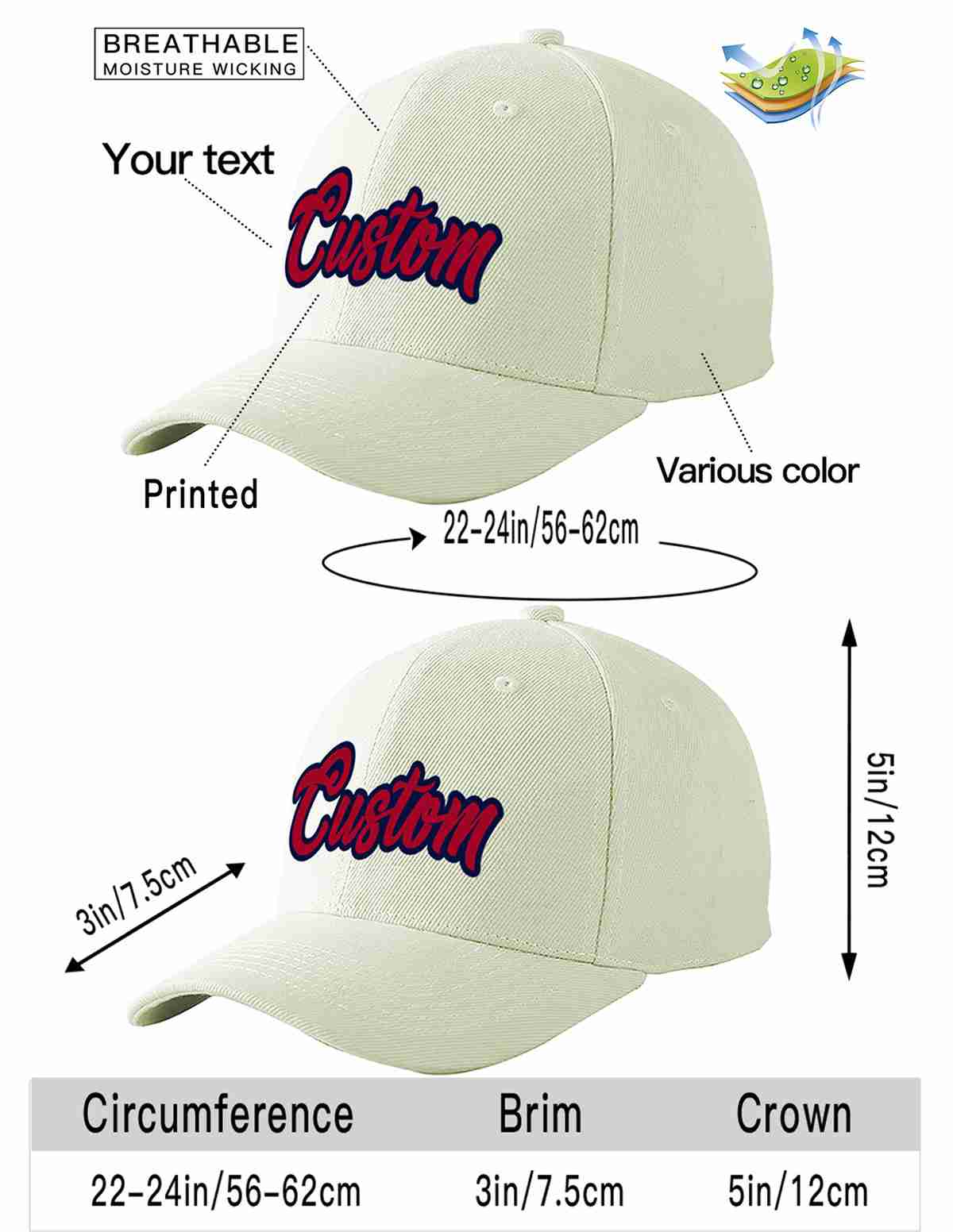 Custom Cream Red-Navy Curved Eaves Sport Baseball Cap Design for Men/Women/Youth