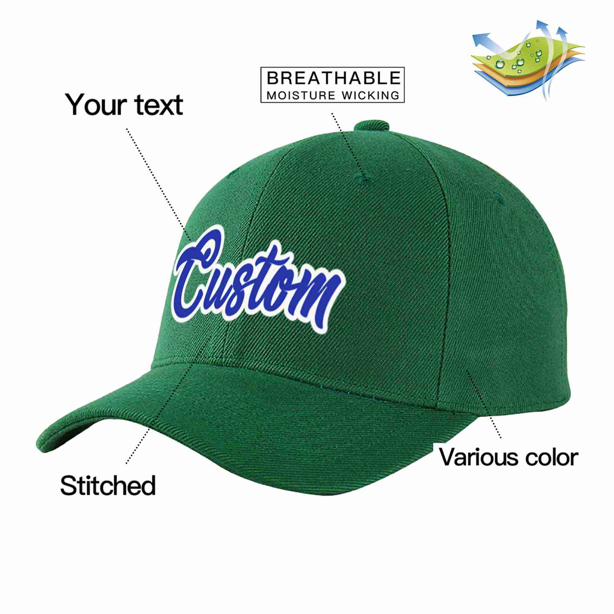 Custom Green Royal-White Curved Eaves Sport Baseball Cap Design for Men/Women/Youth