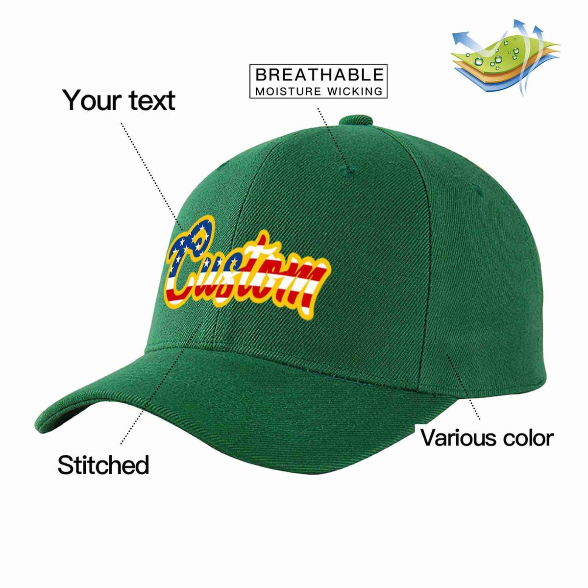 Custom Green Vintage USA Flag-Gold Curved Eaves Sport Baseball Cap Design for Men/Women/Youth