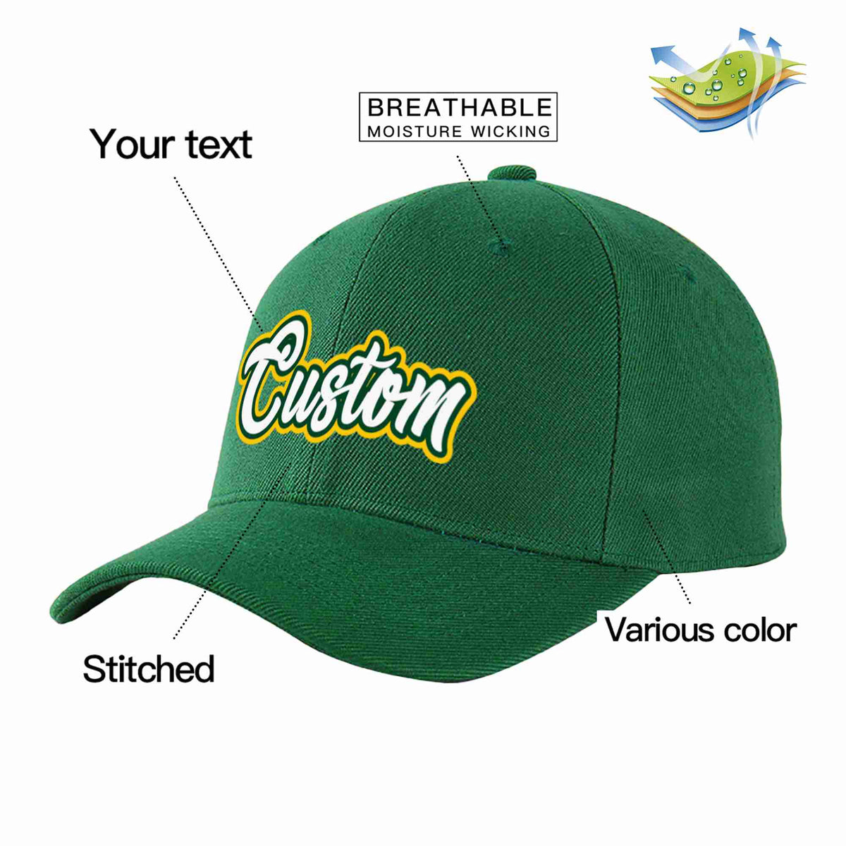 Custom Green White-Kelly Green Curved Eaves Sport Baseball Cap Design for Men/Women/Youth