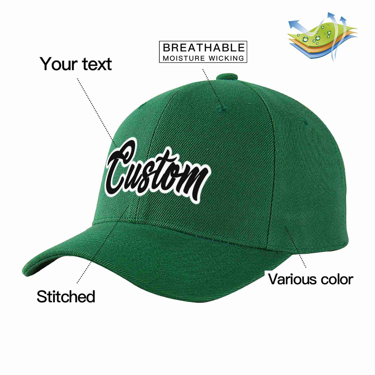 Custom Green Black-White Curved Eaves Sport Baseball Cap Design for Men/Women/Youth