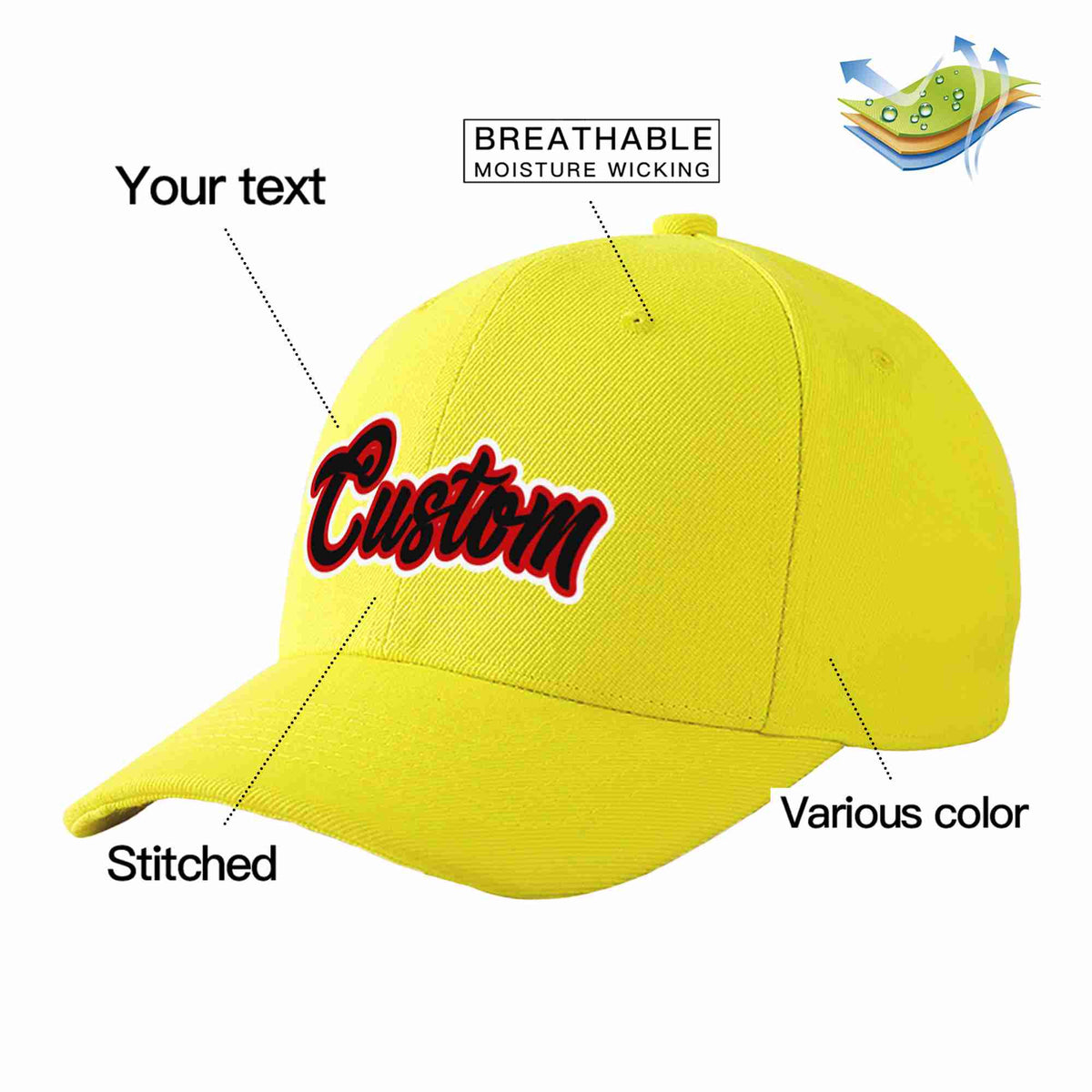 Custom Yellow Black-Red Curved Eaves Sport Baseball Cap Design for Men/Women/Youth