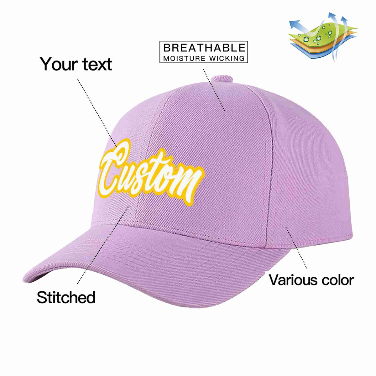 Custom Light Purple White-Gold Curved Eaves Sport Baseball Cap Design for Men/Women/Youth