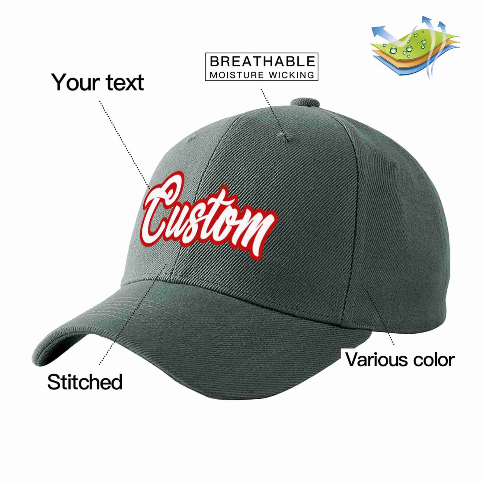 Custom Dark Gray White-Red Curved Eaves Sport Baseball Cap Design for Men/Women/Youth