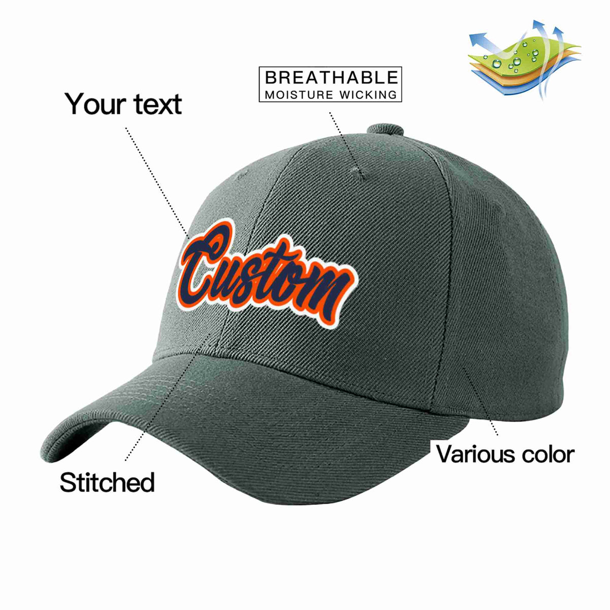 Custom Dark Gray Navy-Orange Curved Eaves Sport Baseball Cap Design for Men/Women/Youth