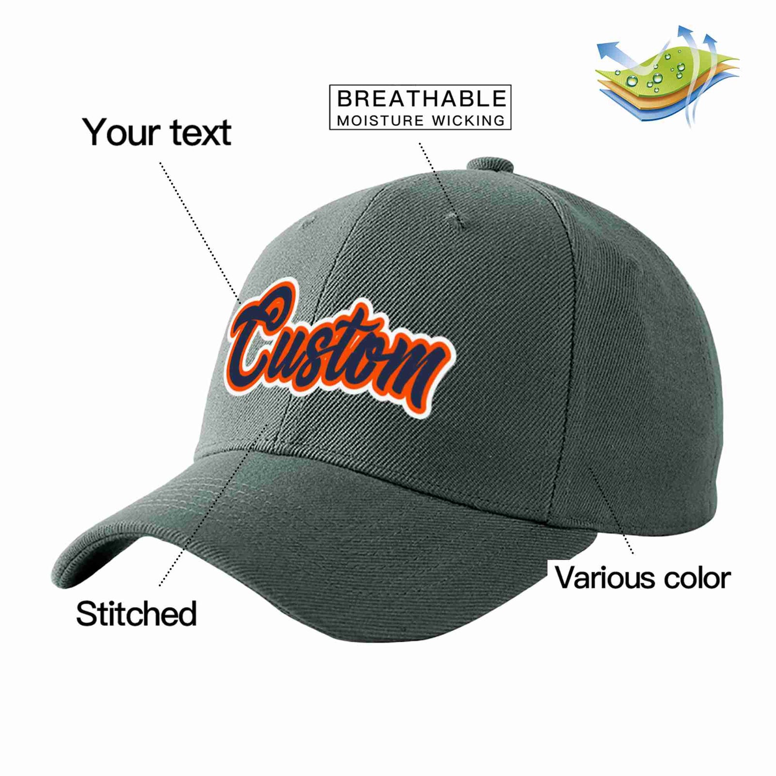 Custom Dark Gray Navy-Orange Curved Eaves Sport Baseball Cap Design for Men/Women/Youth