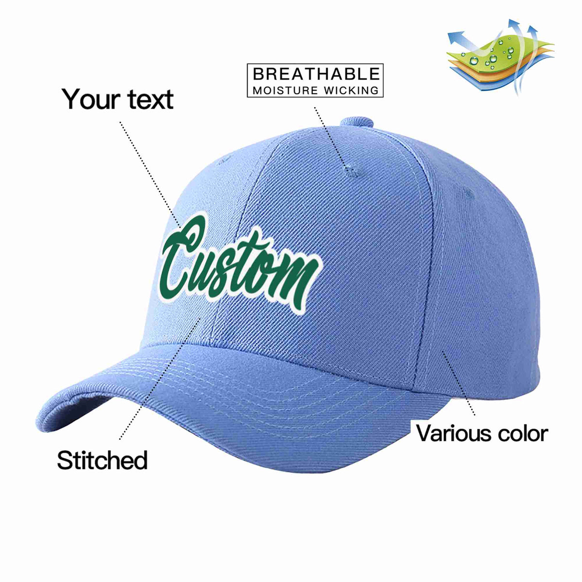Custom Sky Blue Kelly Green-White Curved Eaves Sport Baseball Cap Design for Men/Women/Youth