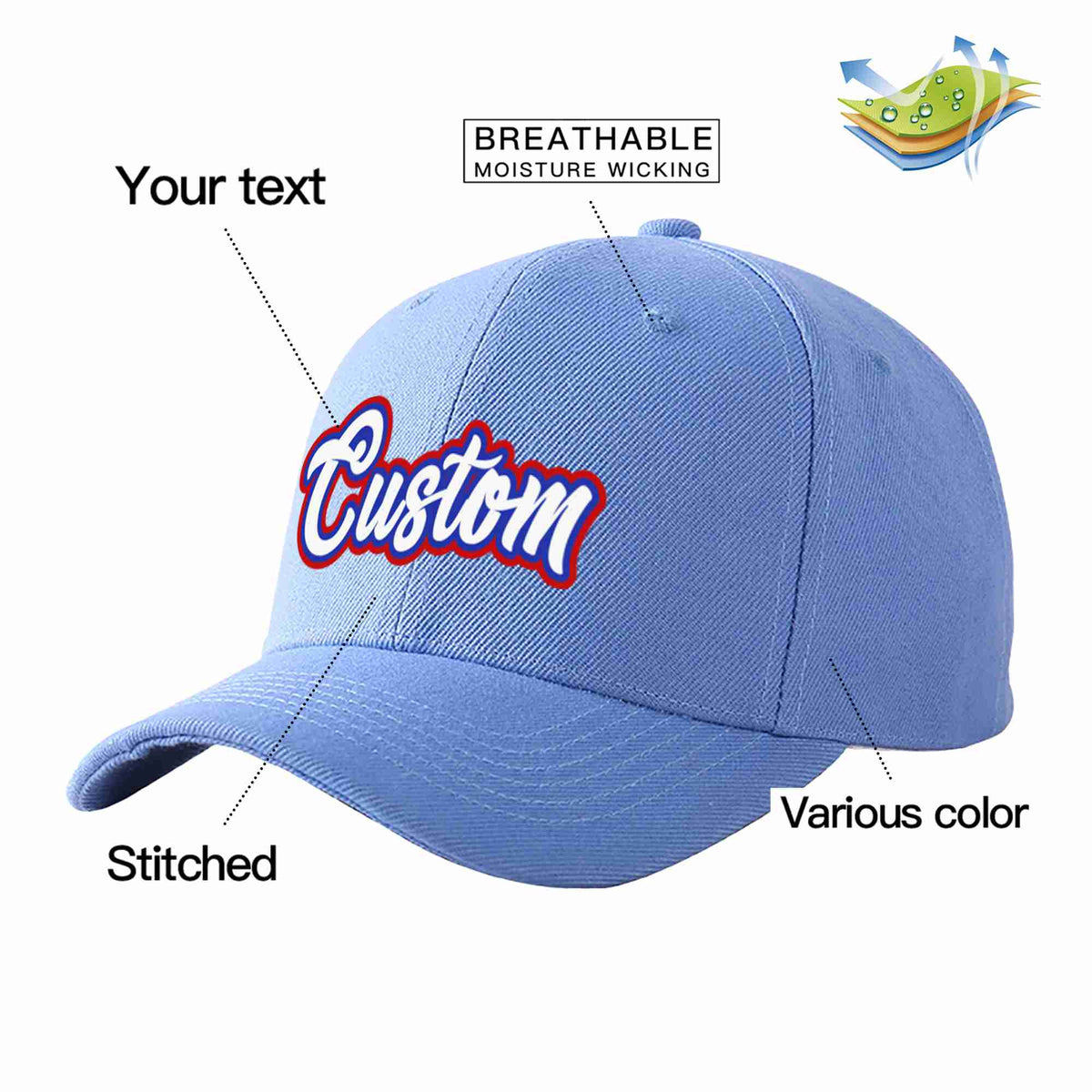 Custom Sky Blue White-Royal Curved Eaves Sport Baseball Cap Design for Men/Women/Youth