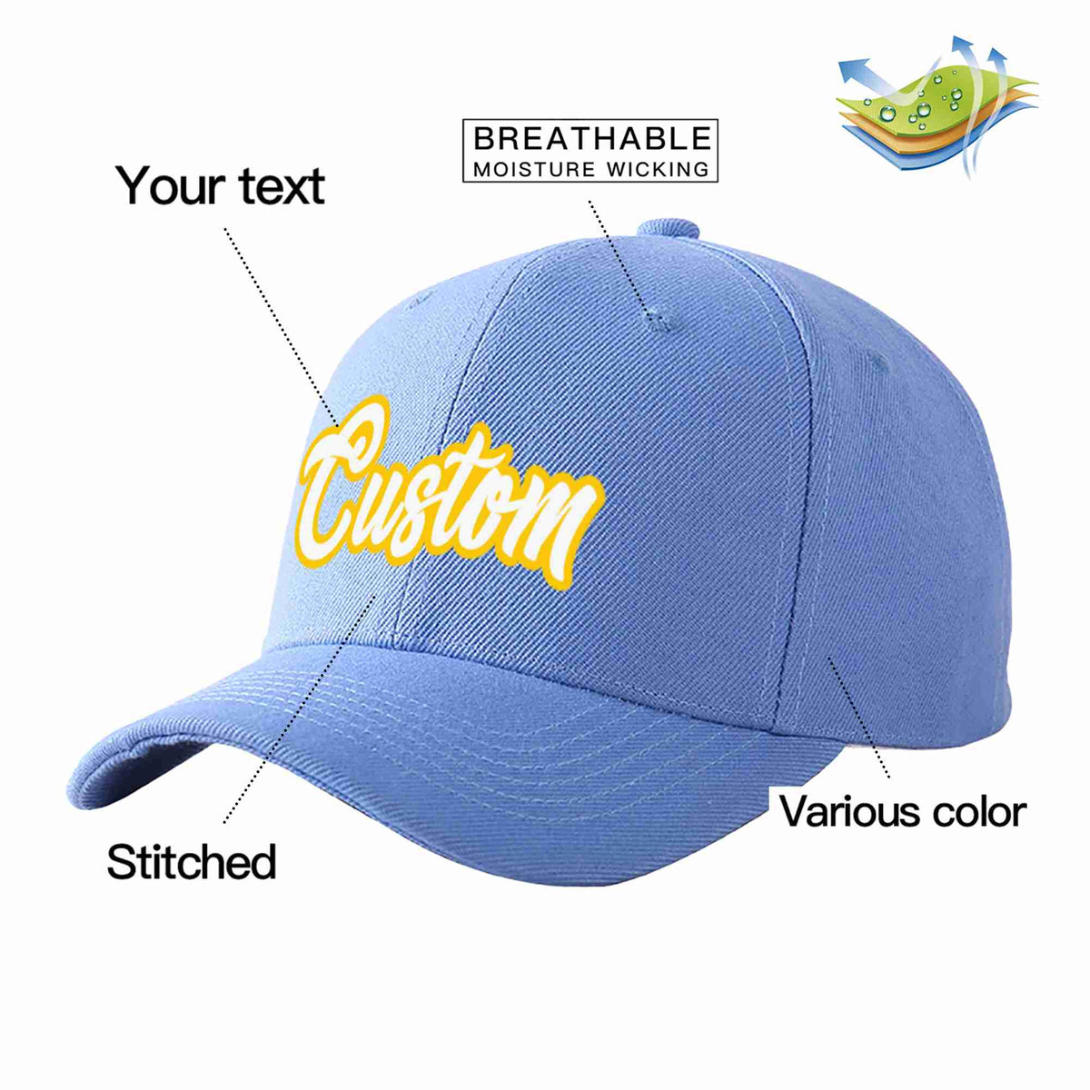 Custom Sky Blue White-Gold Curved Eaves Sport Baseball Cap Design for Men/Women/Youth