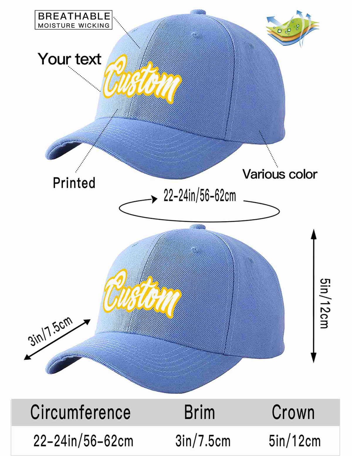 Custom Sky Blue White-Gold Curved Eaves Sport Baseball Cap Design for Men/Women/Youth