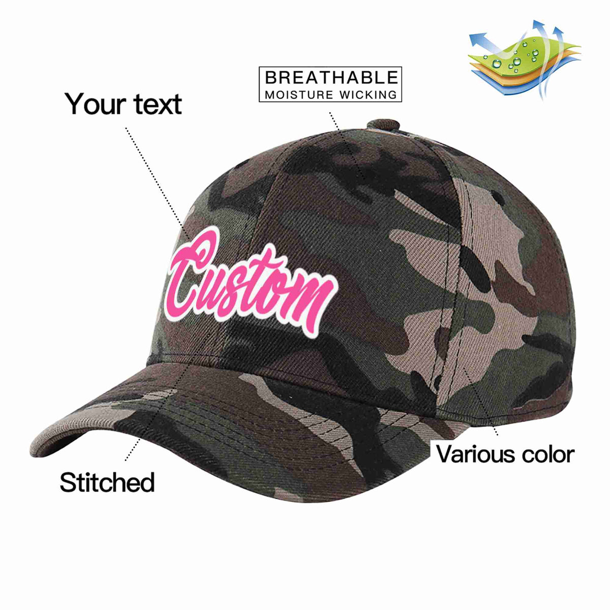 Custom Camo Pink-White Curved Eaves Sport Baseball Cap Design for Men/Women/Youth