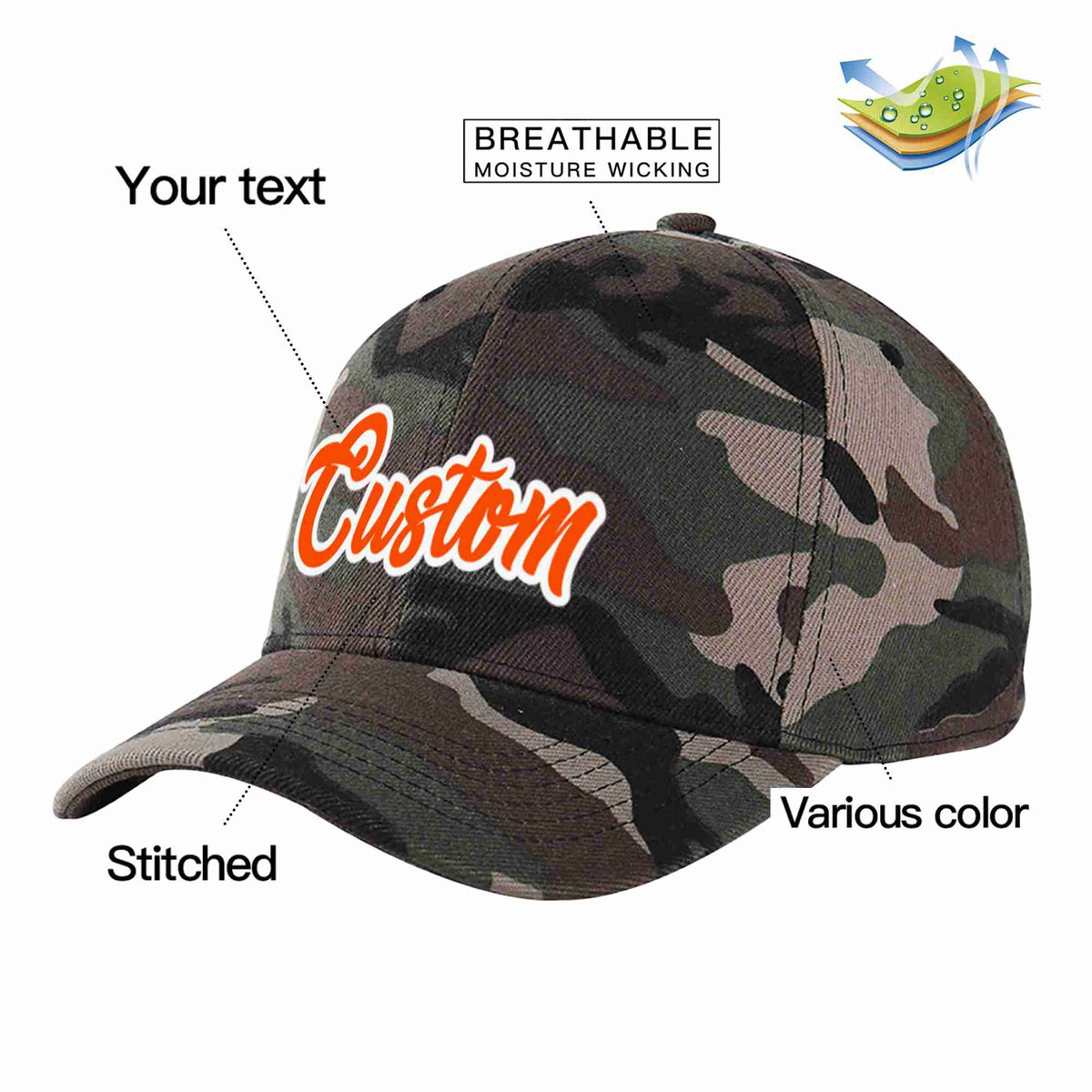 Custom Camo Orange-White Curved Eaves Sport Baseball Cap Design for Men/Women/Youth