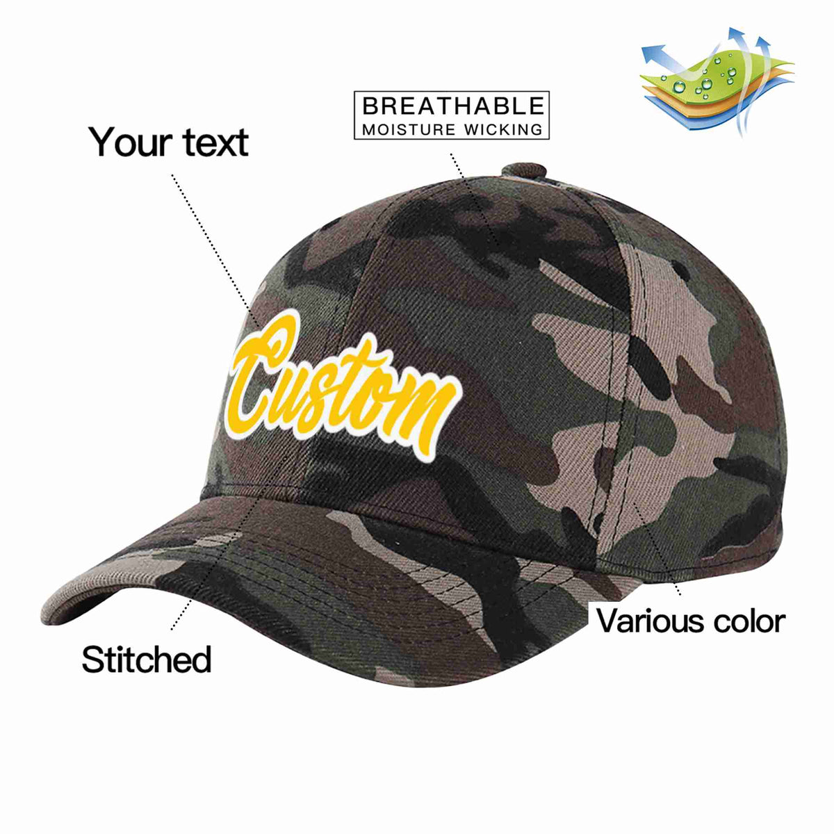 Custom Camo Gold-White Curved Eaves Sport Baseball Cap Design for Men/Women/Youth