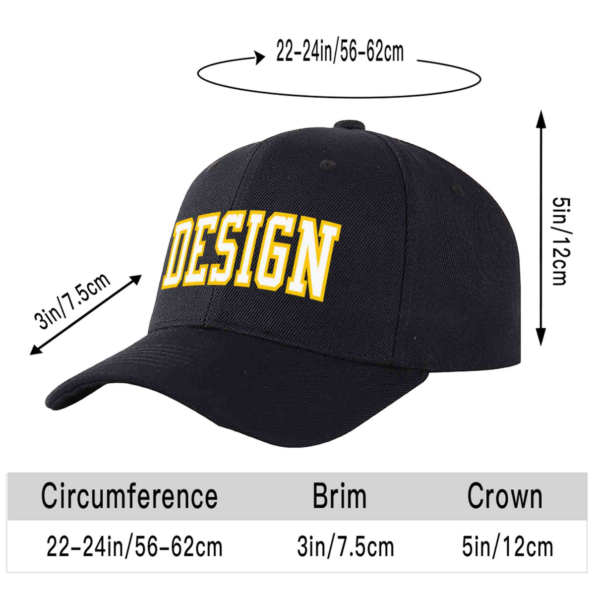 Custom Black White-Gold Curved Eaves Sport Design Baseball Cap