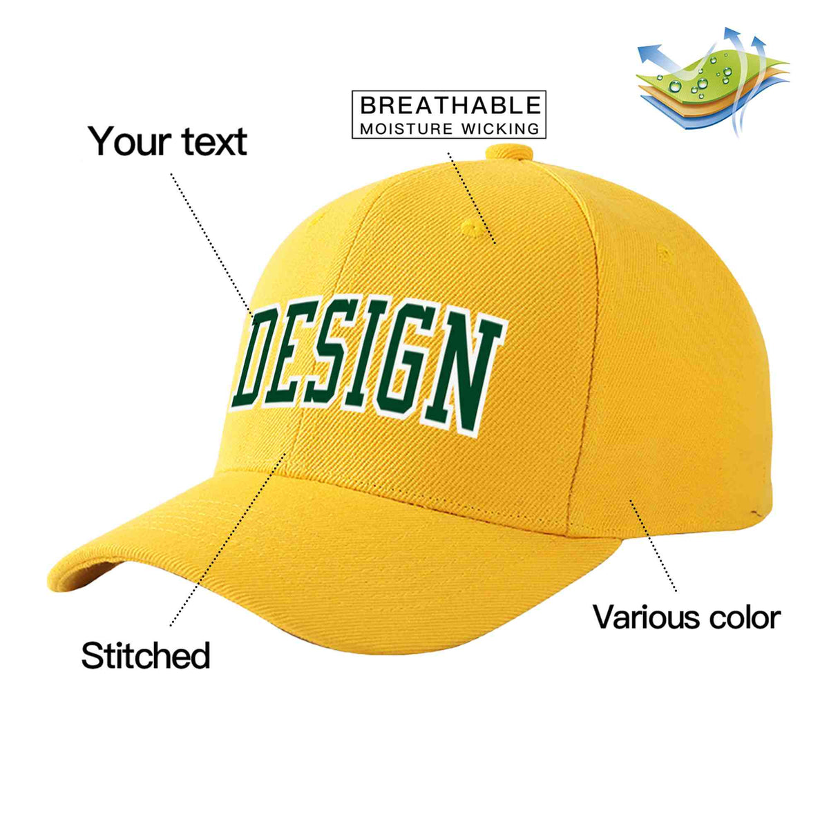 Custom Gold Green-White Curved Eaves Sport Design Baseball Cap
