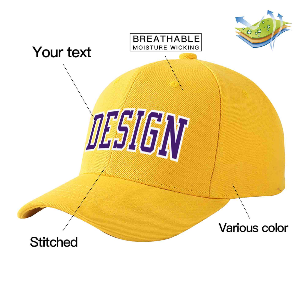 Custom Gold Purple-White Curved Eaves Sport Design Baseball Cap