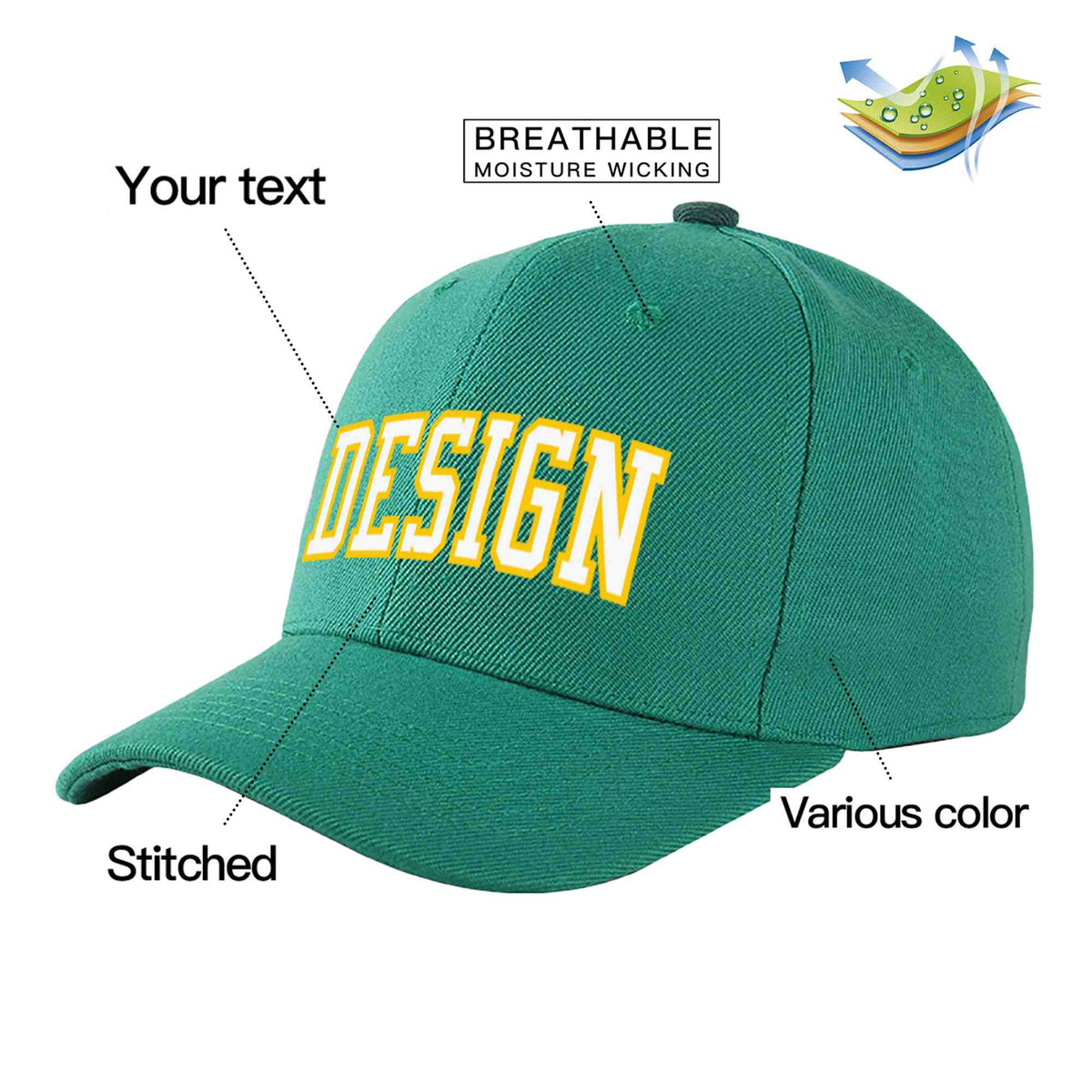 Custom Light Green White-Gold Curved Eaves Sport Design Baseball Cap